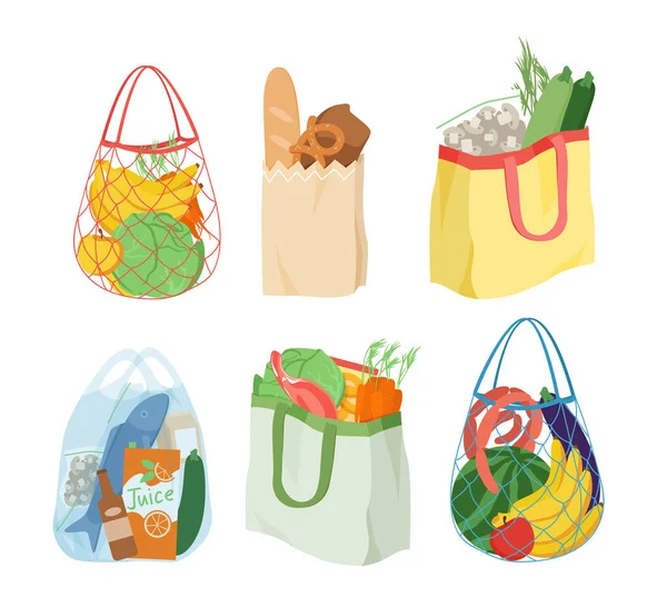 Yeniden kullanılabilen karikatür, kağıt ya da plastik poşetler sağlıklı taze ürünler beyaz üzerinde izole edilmiş. Meyve dolu alışveriş torbaları, marketten alınmış sebzeler, yerel market veya süpermarket vektör çizimleri. — Stok Vektör