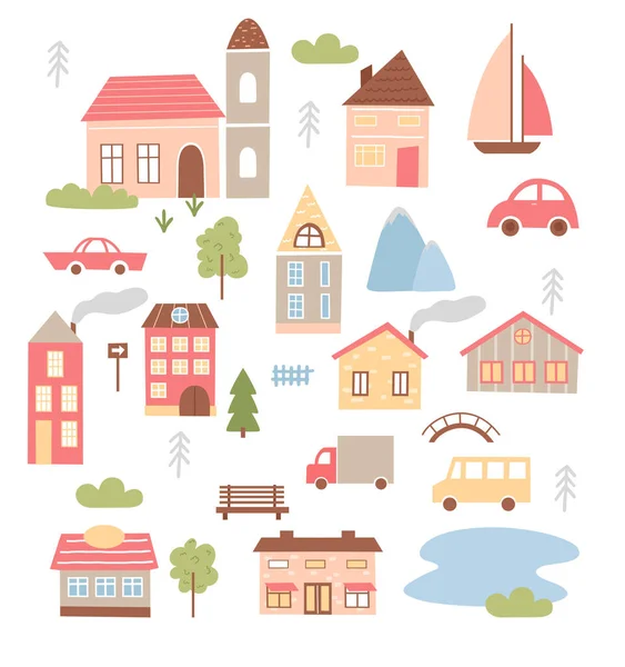 Rumah-rumah kota yang lucu diatur, kartun rumah kecil lucu bangunan kota atau desa koleksi - Stok Vektor