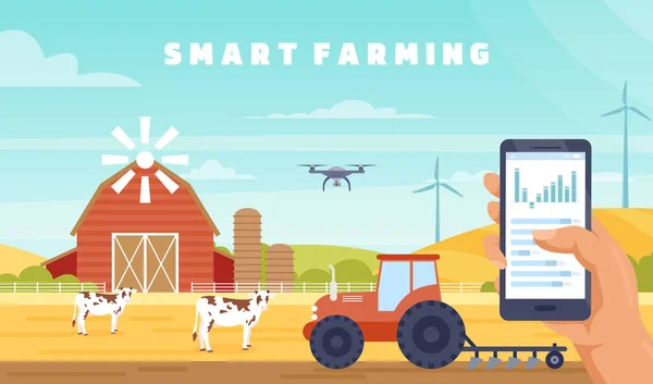 Inteligentní zemědělství zemědělství technologie, vartoon farmář ruce držící mobilní smartphone — Stockový vektor