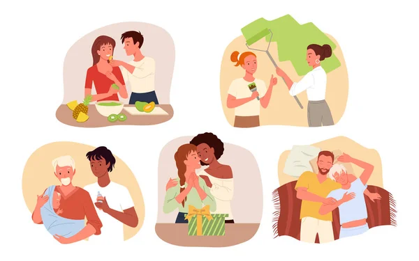 Couple de personnes passent du bon temps ensemble à la maison, étreignant, souriant, harmonie et ensemble d'amour — Image vectorielle