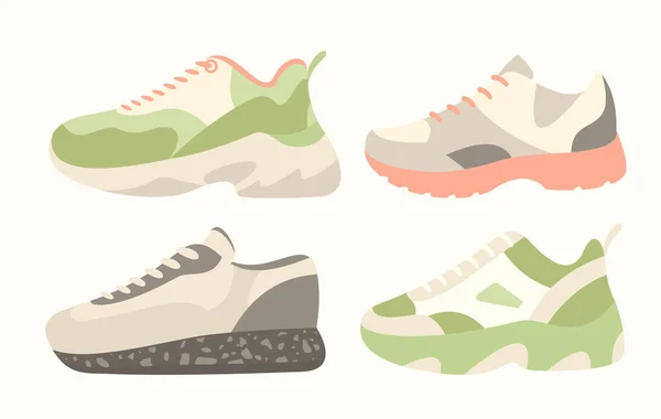 Snickers zapatos vector ilustración, colección plana de dibujos animados de hombre mujer calzado de moda en diferentes colores, zapatillas zapatos para la actividad deportiva fitness — Vector de stock