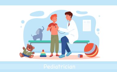Karikatür çocuk doktoru karakteri, steteskoplu bir çocuğun tıbbi muayenesini yapıyor. Sağlık sigortası beyazlara izole edilmiş. Çocuklar hastane vektör illüstrasyonunda çocuk doktoruna giderler..