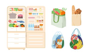 Açık kapılı çizgi film buzdolabı, soğuk sıcaklıkta pişirmek için sağlıklı ürünlerin depolanması, beyazda izole edilmiş. Buzdolabı, marketten gelen yiyecek dolu çantalar ya da süpermarket vektör çizimi.