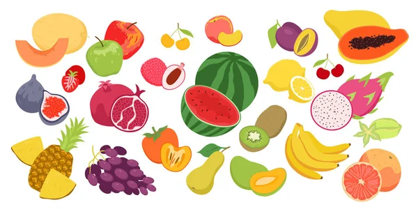 Cartoon fruitige collectie met aardbeien sinaasappel ananas banaan perzik geïsoleerd op wit. Vruchten voedsel set, verse biologische zomer seizoensgebonden producten voor de landbouwmarkt vector illustratie. — Stockvector