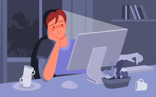 Trabalhador freelance sentado à noite para trabalhar duro, deprimido entediado homem infeliz trabalhando até tarde —  Vetores de Stock