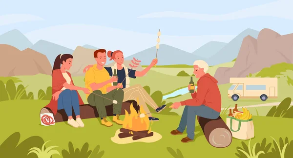 Teman-teman memasak marshmallow, berkemah di pemandangan musim panas, duduk di dekat api unggun - Stok Vektor