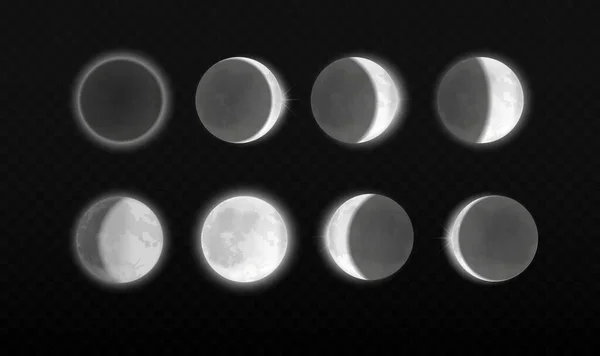 Maanverduistering, verschillende fasen astronomie infographic. Maanverduistering volledige cyclus in wetenschappelijke transparante achtergrond, realistisch maanlicht in fasen van volle maan tot dunne maan. — Stockvector