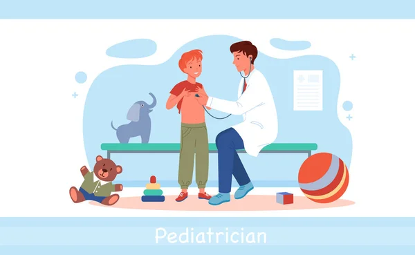 Cartoon personaggio pediatra uomo facendo visita medica del bambino ragazzo con stetoscopio, medicina sanitaria isolata su bianco. I bambini visitano il medico pediatra nell'illustrazione vettoriale dell'ospedale. — Vettoriale Stock