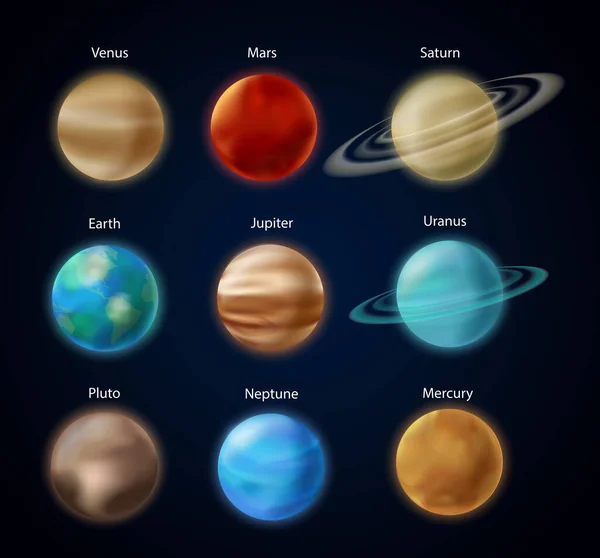 Solar system planets, 3d Earth Mars Mercury Saturn Uranus Jupiter Venus Neptune in sky — Stock Vector