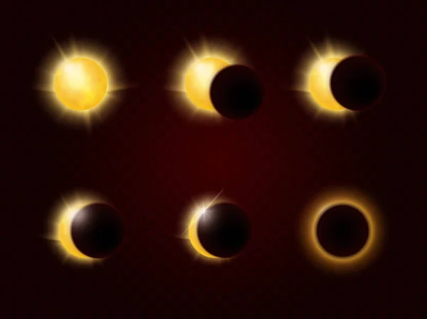 Éclipse solaire en différentes phases, cycle complet, rayon de soleil réaliste et anneau de soleil — Image vectorielle