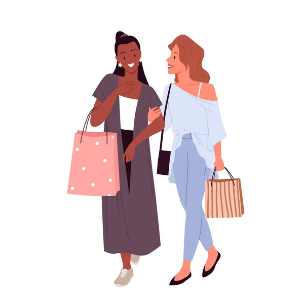 スタイリッシュな女の子の親友ショッピング、若い幸せなキャラクターがバッグで購入して歩く — ストックベクタ