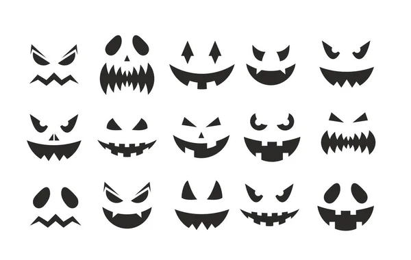 Octobre fête effrayant collection clipart noir, effrayante citrouilles expression faciale, sourire visage fantôme sur Halloween partie isolé sur blanc. Halloween citrouille Jack-o-lanterne visages illustration vectorielle. — Image vectorielle