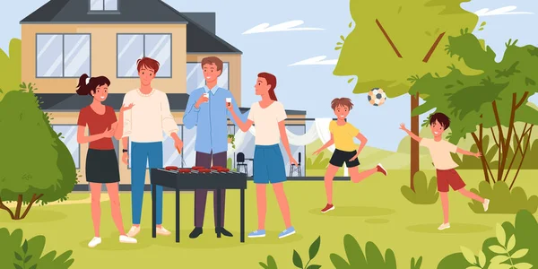 Gruppo di cartoni animati di personaggi felici cucinare cibo griglia, salsicce di carne, amici bambini che giocano a palla insieme sfondo. Famiglia su bbq party in giardino cortile o illustrazione vettoriale parco estivo — Vettoriale Stock