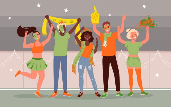 Dibujos animados joven feliz mujer hombre fan personajes de apoyo a la selección nacional con banderas y pintado de fondo de la cara. Los fanáticos del fútbol o del fútbol celebran el gol en la ilustración vectorial del estadio deportivo. — Vector de stock