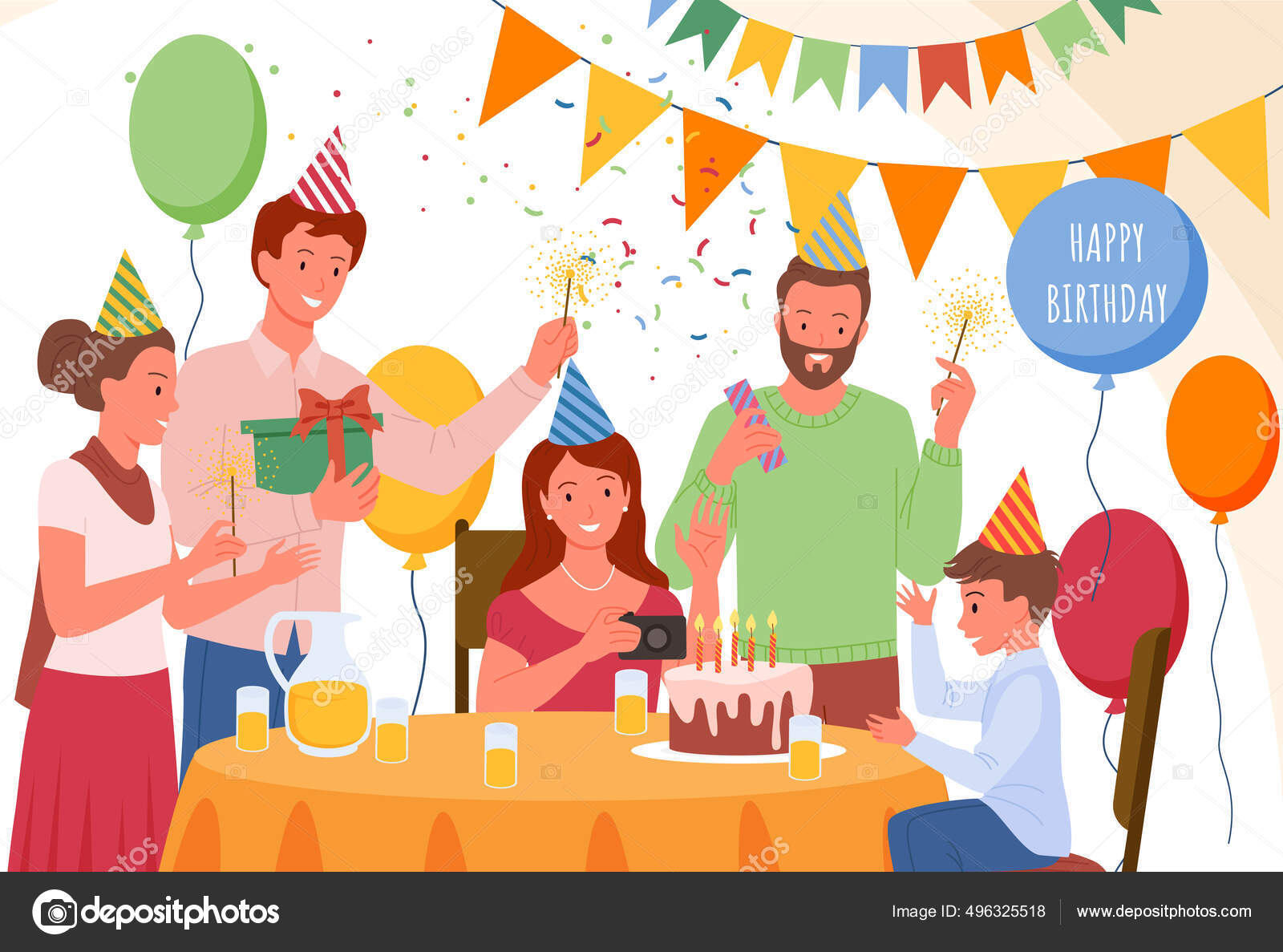 Cartoon happy family and friends greeting, cheerful characters giving gift present, celebrate anniversary day with cake, flags and balloon background. Birthday party celebration. Stock Vector Image by ©Nataliia2910@ #496325518 Cartoon happy family and friends greeting, cheerful characters giving gift present, celebrate anniversary day with cake, flags and balloon background. Birthday party celebration. Stock Vector Image by ©Nataliia2910@ #496325518
