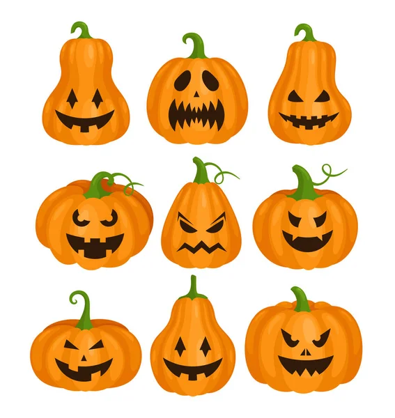 Pumpa Helloween skrämmande ansikten set, monster pumpor, jack lykta för Halloween fest — Stock vektor