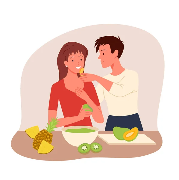 Cartoon wife and husband characters standing, cute loving couple, hugging and smiling, cooking food, isolated on white. Couple people spend happy time together at home, harmony and love. — Stock Vector