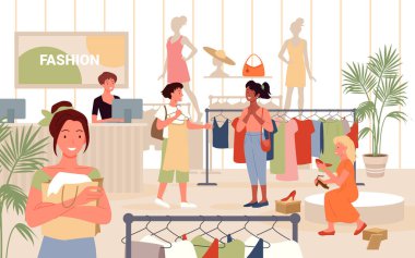 Moda mağazasından alışveriş yapan insanlar, alışveriş torbaları tutan mutlu genç bir kadın.