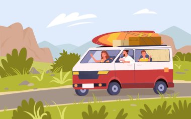 Family tourists travel by car bus camper van on road, summer vacation trip adventure clipart