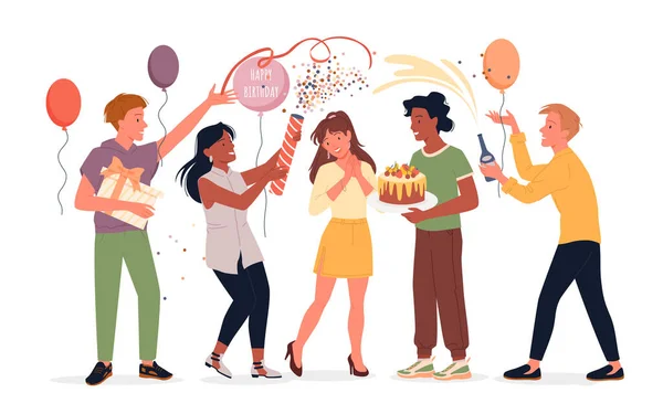 Gente feliz celebra aniversario con pastel de cumpleaños, champán y caja de regalo sorpresa — Vector de stock