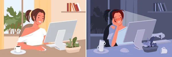 Chica independiente trabajando día y noche en casa, freelancer ocupado sentado en el ordenador — Archivo Imágenes Vectoriales