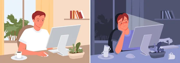 Trabajador freelance de día y de noche, freelancer sentado en la computadora, trabajando — Archivo Imágenes Vectoriales