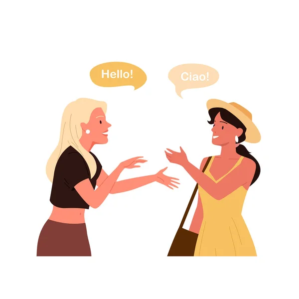 Meninas falam diferentes idiomas, diálogo multilíngue, conversa com bolhas de chat —  Vetores de Stock