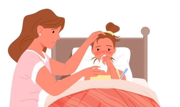 Mother and sick daughter with cold flu, feverish child lying in bed at home bedroom — Stock Vector