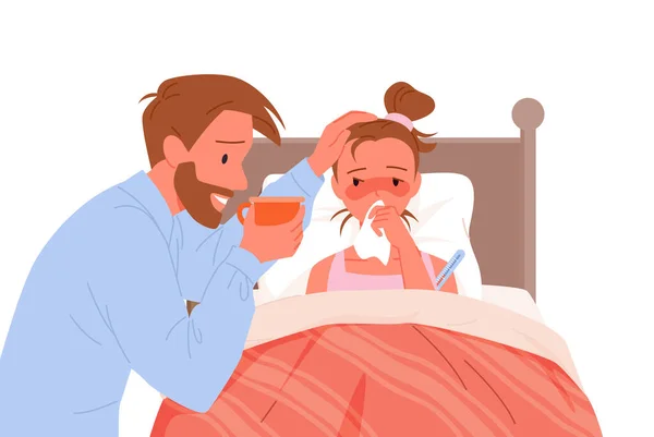 Otec pomáhá nemocné dceři, chlapec leží v posteli vektorové ilustrace. Cartoon táta postava drží hrnek horkého nápoje, sedí u lůžka nemocného pacienta dítěte pečovat o zdraví, rodič láska izolované — Stockový vektor