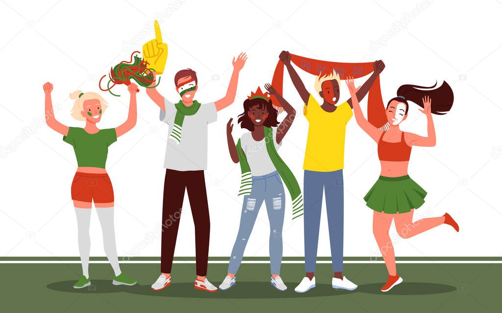 Soccer or football people fans celebrate goal on white background. Cartoon young happy woman man fan characters supporting national team with flags and painted face.