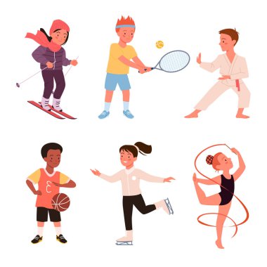 Sevimli kız çocuğu koşusu, çocuk oyunu, beyzbol ve tenis, beyazda izole edilmiş aktif genç çocuk karakterleri. Spor yapan çocuklar vektör illüstrasyonunu ve spor okulunu ayarlıyorlar..