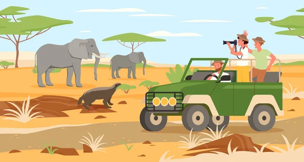 Safari voyage aventure en Afrique savane faune paysage, les gens voyageant en jeep — Image vectorielle