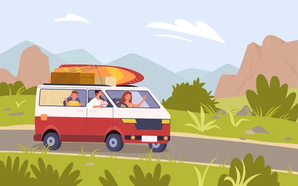 Caricature mère touristique père et fils enfants personnages voyageant sur la route dans la montagne nature paysage arrière-plan. Voyage en famille en voiture bus camping-car, voyage vacances d'été illustration vectorielle aventure. — Image vectorielle