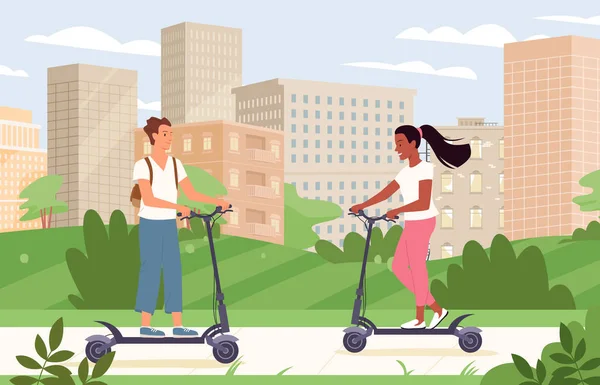 People ride electric scooter transport in urban city landscape, alternative eco lifestyle — Stock Vector