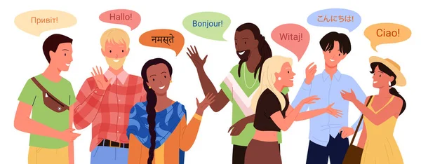 Многоязычные люди приветствуют, молодой человек женщина сказать привет на разных иностранных языках — стоковый вектор
