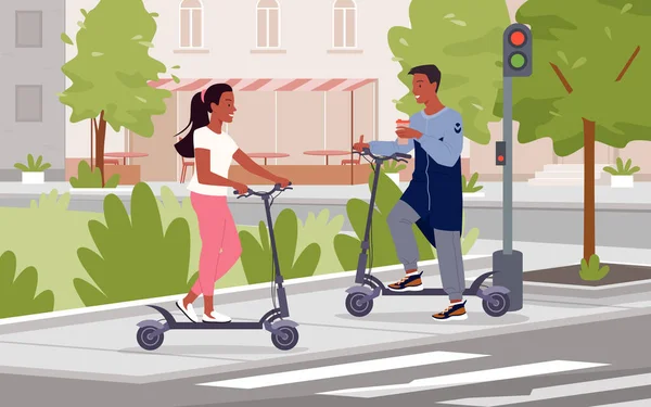 Мультфильм молодых мужчин женские персонажи водить скорость электрический скутер на улице, альтернативный экологический образ жизни фоне. Люди ездят на электрическом скутере в городской пейзажной иллюстрации. — стоковый вектор