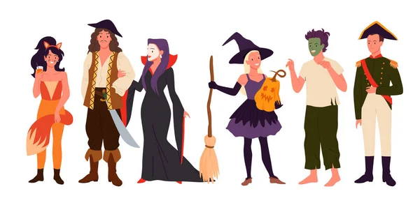 Personnages en costumes pour Halloween fête de carnaval amusant, les adultes sourire ensemble isolé — Image vectorielle