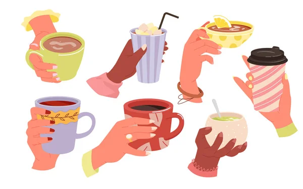 Cartoon hand holding mug of warm beverage, morning espresso or chocolate with marshmallow isolated on white. Hands hold coffee or tea cup set, people with cafe take away hot drink vector illustration. — Stock Vector