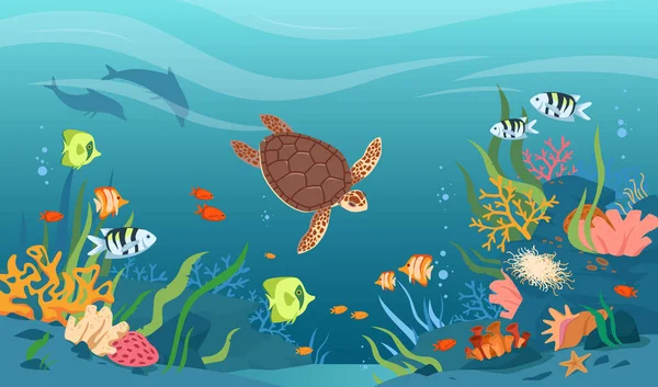 Teknős tengeri vagy óceáni vizekben, víz alatti trópusi élővilágban, vízi állatokban és halakban — Stock Vector