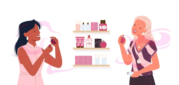 Las niñas eligen perfume de moda en la ilustración vector de compras. Personajes femeninos jóvenes de dibujos animados aplican aroma fragancia, perfume spray en la tienda de cosméticos de belleza de lujo perfumería aislada en blanco. — Vector de stock