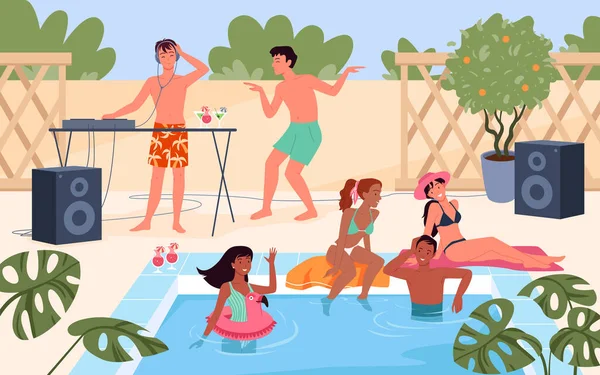 Fiesta de verano en la piscina, gente en traje de baño escuchar música divertida, chicas en bikini nadar — Vector de stock