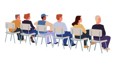 Farklı yaşlarda kadın ve erkeklerden oluşan bir grup sandalyede oturuyorlar, arkadan bakıyorlar, bekleme, kuyruk veya izleyiciler izole edilmiş vektör çizimleri kavramına sahipler.