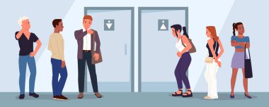 Erkekler ve kadınlar tuvalet kapısının önünde ayrı kuyruklarda duruyorlar, modern bir kamu tesisinde sabırsızlık ve rahatsızlık gösteriyorlar ve izole edilmiş vektör çizimleri yapıyorlar.