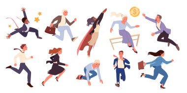 Değişik iş adamları dinamik çalışma ve zıplama pozisyonlarında, rekabeti, hırsı ve takım çalışmasını sembolize ediyor, beyaz arka plan vektör ilüstrasyonunda izole edilmiş