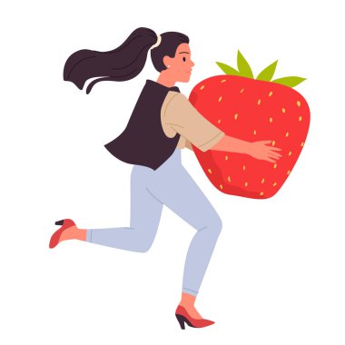 Beyaz arka planda büyük boy çilek taşıyan genç bir kadın sağlıklı gıda konsepti, izole edilmiş vektör çizimi.
