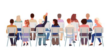 Sıraya dizilmiş çeşitli insanlar bir toplantıya ya da konferansa katılıyor, bir kişi elini kaldırıyor, gündelik atmosfer, düz stil izole vektör çizimi