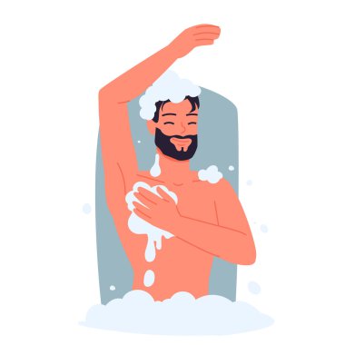 Genç adam duşta yıkanıyor, sabun köpüğüyle kaplanıyor, gülümsüyor ve kişisel hijyen rutininden zevk alıyor, kişisel bakım ve temizlik kavramı, beyaz arka plan resimlerinde izole edilmiş.