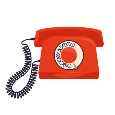 Beyaz zemin üzerinde bobinli kablo ile klasik kırmızı döner telefon, izole vektör illüstrasyonu