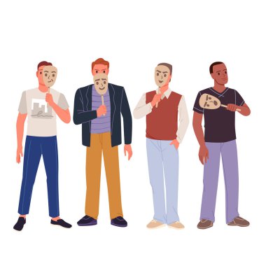 Farklı yüz ifadeleri, gizli duygu konsepti, sosyal roller ve kimlik izole vektör illüstrasyonuna sahip dört adamdan oluşan bir grup ayakta ve ellerinde maske var.