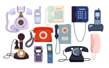 Çeşitli vintage döner telefonlar, klasik sabit hatlar ve düz stil izole vektör ilüstrasyonunda iletişim teknolojisinin evrimini gösteren ilk cep telefonları.